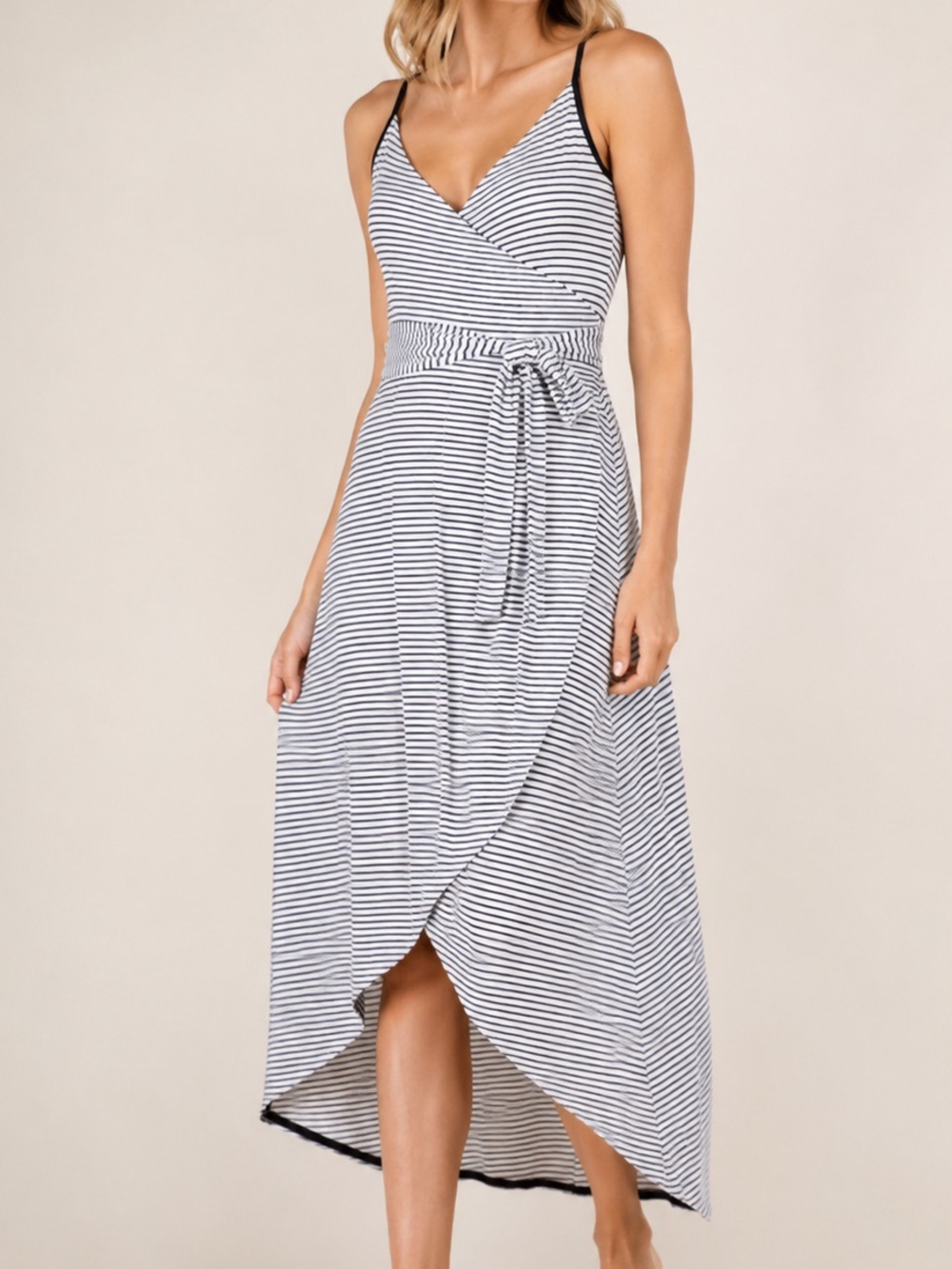 GAP Cami Wrap Midi Dress Medium White Navy Stripe Tie Waist Sleeveless